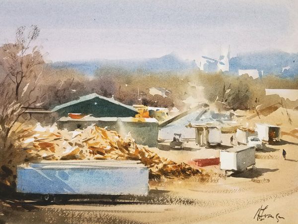 Andy Evansen, The Lumber Yard, watercolor, 11 x 15.