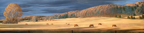 Bryan Haynes, Fiddle Creek Cowscape, acrylic, 14 x 60.