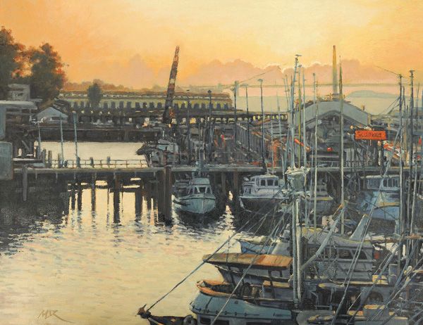 Mason Mansung Kang, Sunset at the Pier, oil, 14 x 18.