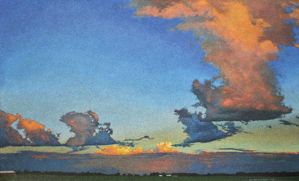 Ann Meyer, Summer Clouds Before Sunset, Trenton, Wisconsin, acrylic ink, 13 x 20.