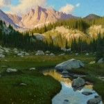Ralph Oberg, Morning Light in the Sawtooths, oil, 40 x 48.