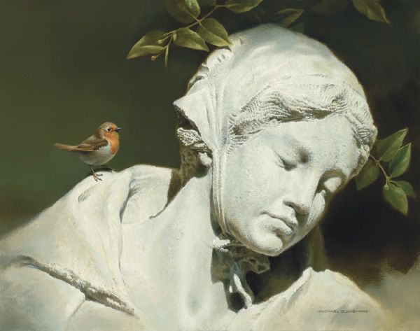 Michael Dumas, “Silence in the Shadows,” Maiden Statue and European Robin, oil, 8 x 10.