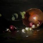 Kelli Folsom, Onions and a Copper Bowl, oil, 12 x 24.