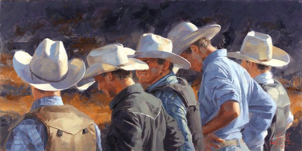 Jim Connelly, Usual Suspects, oil, 12 x 24.