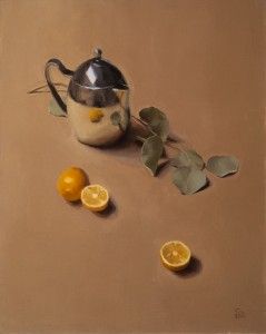 Sarah Freeman | Still Life With Teapot, Lemons, and Eucalyptus, oil, 20 x 16.