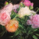 Anna Rose Bain, White, Pink, and Coral Peonies, oil, 12 x 24.