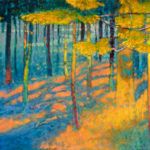 Rick Stevens, Last Light in the Pines, oil, 36 x 72.