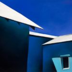 Margaret Nes, Blue Walls, White Roofs, pastel, 20 x 28, Ventana Fine Art.