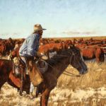 Nathan Solano, One Cold Day in the Saddle, oil, 20 x 45.