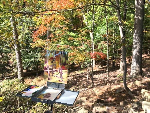 Sandhya Sharma’s easel set up to paint The Autumn Trail in a Maryland state park.