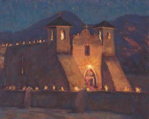 Lorenzo Chavez, Ranchos de Taos Night, oil, 16 x 20.