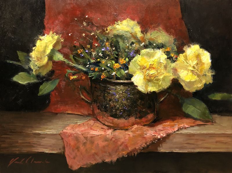 Justin Clements, Chiaroscuro Carnations, oil, 12 x 16.