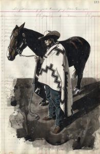 Dylan Cavin, Grand Jury Cowboy, ink on historic document, 17 x 11.