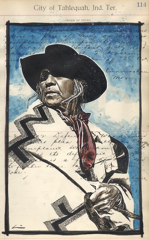 Dylan Cavin ,Tahlequah Cowboy, ink and watercolor on historic document, 14 x 8. 