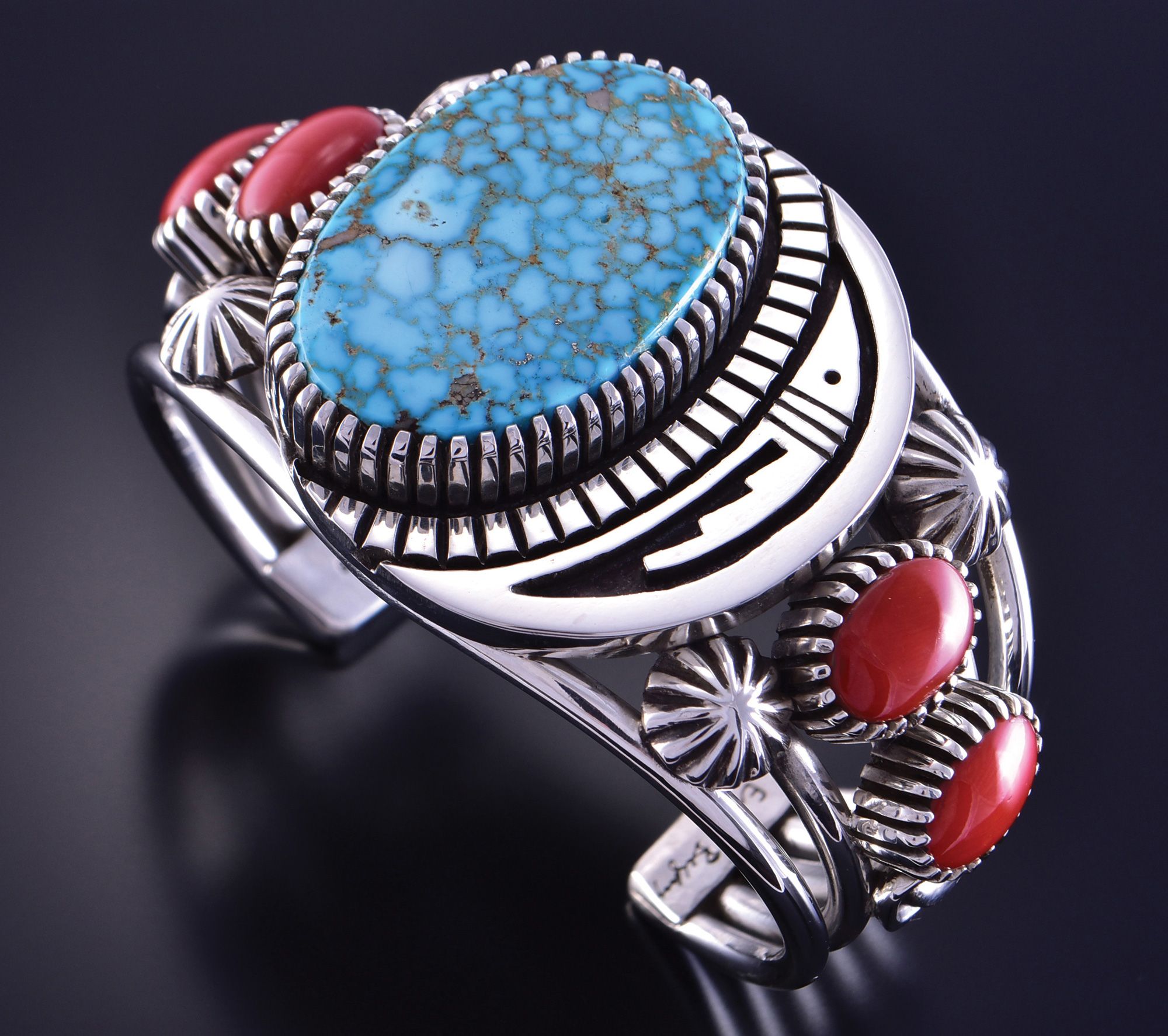 Erick Begay (Navajo), Kingman Turquoise and Coral Bracelet Mimbres Design, silver, 2 inches wide.
