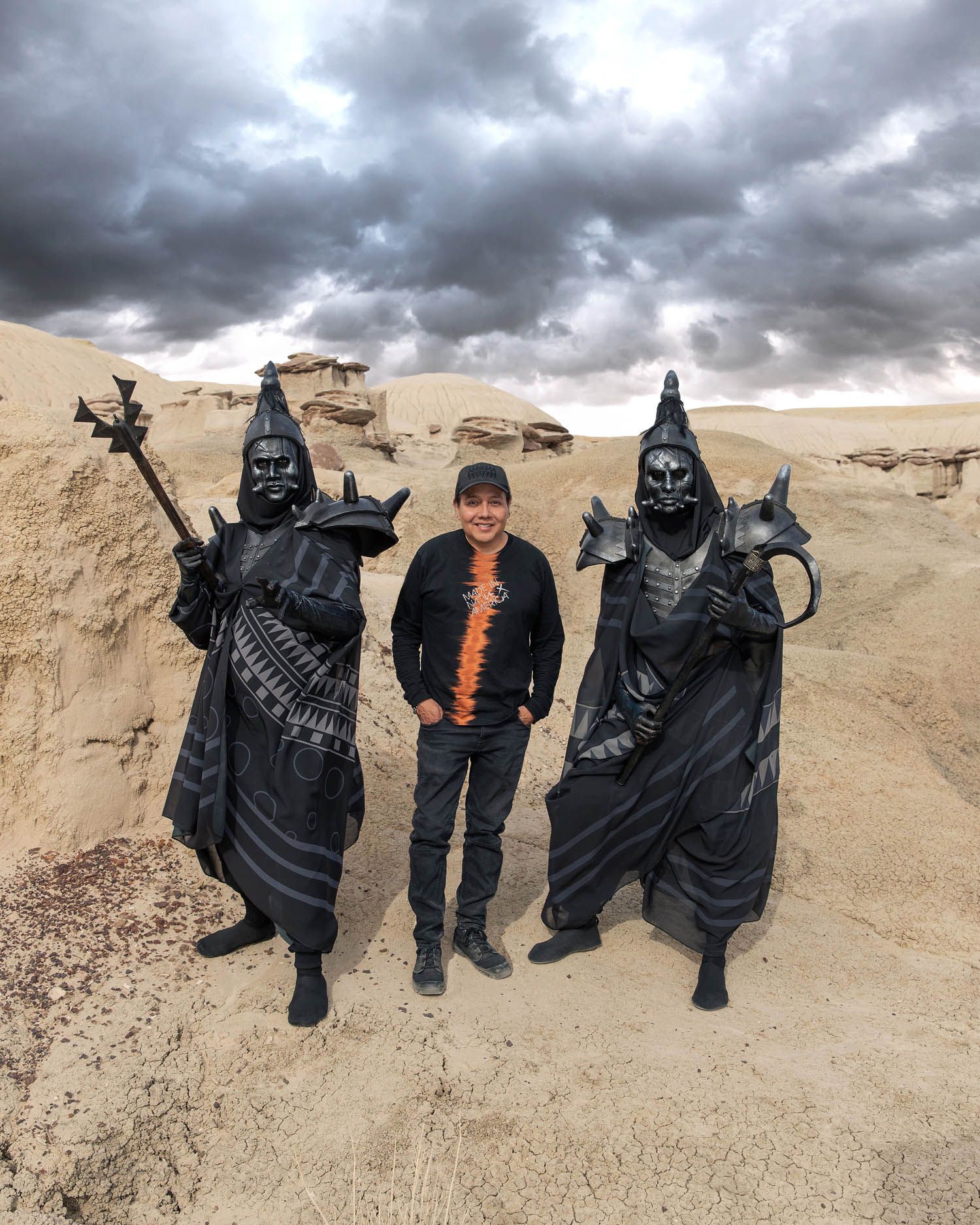 In between takes: Virgil Ortiz with two Recon Watchmen characters, on location at Ah-Shi-Sle-Pah Wilderness, New Mexico. Photo by Kamden Storm.