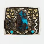 Arland Ben (Diné), sterling silver and 14k yellow gold and Bisbee Turquoise petroglyph cut-out design buckle.