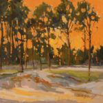 Katie Dobson Cundiff, Beach Pines, Yellow Sky, oil, 16 x 16.