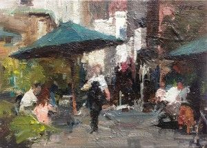 Yen-Ching Chang, Catching the Sun at Union Square, oil, 6 x 8.