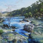 David Caton, Falls Off Blinn River Trail, Garner State Park, oil, 42 x 72.