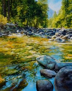 Michelle Courier, Yosemite Merced River in August, acrylic, 60 x 40.  