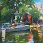Katie Dobson Cundiff, Deale Boat House, oil, 20 x 20.