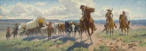 Charles Fritz, The First Wagons to Cross South Pass—Captain Bonneville’s Expedition—July 1832, oil, 14 x 40.