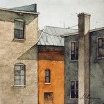 Joseph Alleman, Building Backs, watercolor, 7 x 7.