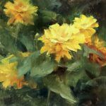Kyle Ma, Yellow Zinnias, oil, 9 x12.