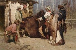 Z.S. Liang, Painted Robe for Powder and Ball, Musselshell Valley Montana, 1840, oil, 42 x 64.