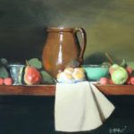 Martha Kellar, Pears and a Brown Pitcher, oil, 16 x 16.