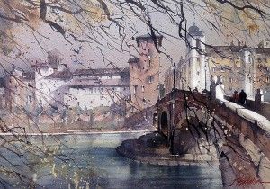 Thomas W. Schaller, Ponte Fabricius, Rome, watercolor, 18 x 24.
