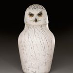 Hib Sabin, Snowy Owl, glass/juniper, 17 x 9 x 9.