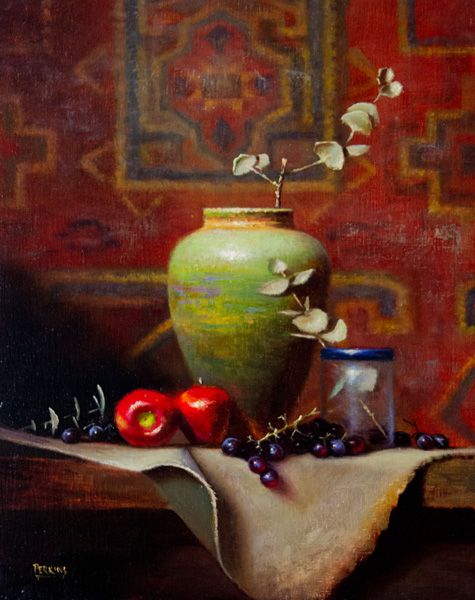 Tim Perkins, Green Vase With Persian Rug, oil, 26 x 20.
