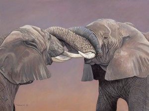 Ed Takacs, Elephant Greeting, acrylic, 12 x 16.
