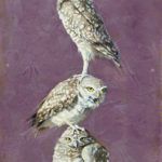 Andrew Denman, Stacked Burrowing Owls, acrylic, 24 x 12.