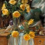 Gladys Roldan-de-Moras, Yellow Roses and Seashells, oil, 30 x 24.