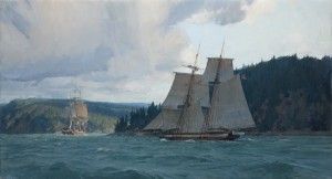 Christopher Blossom, Vincennes and Porpoise Arriving at Port Discovery, May 2nd, 1841, oil, 20 x 36.