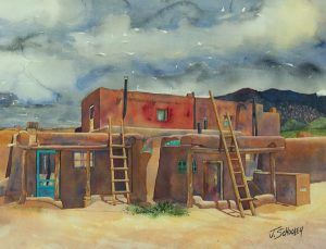 John Schooley, Taos Pueblo, watercolor, 23 x 18.